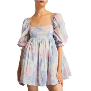 Selkie The Puff Babydoll MIni Dress White w/ Pastel Print Size Small
